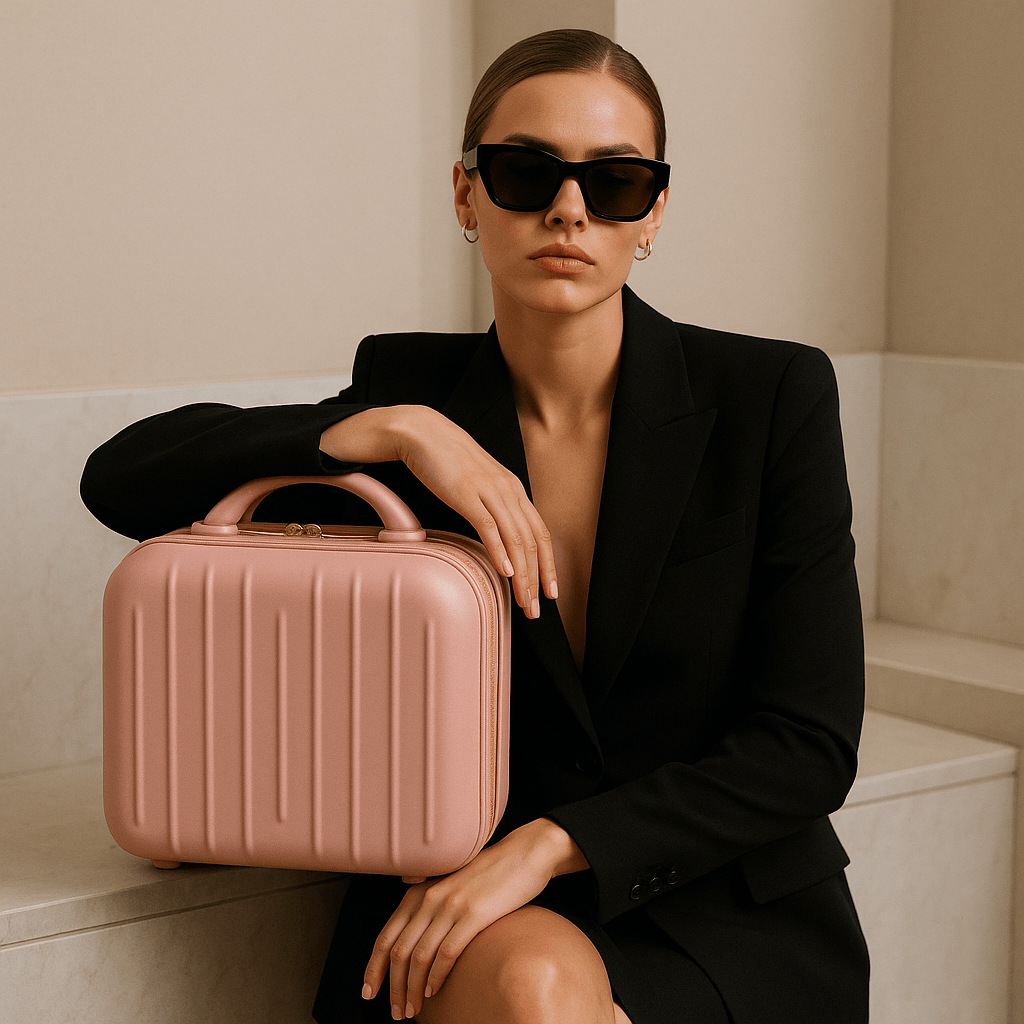 Vanity case rigide portée par une femme élégante, chic.