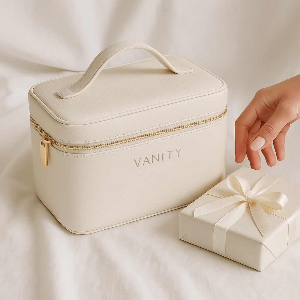 Vanity case blanc femme cadeau surprise avec une main qui offre