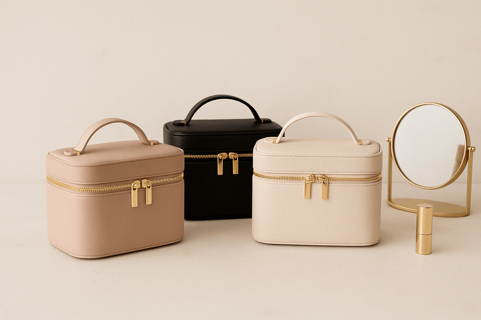 Séléction de 3 Vanity case rigide femme. Un noir, un rose et un blanc beige sur table
