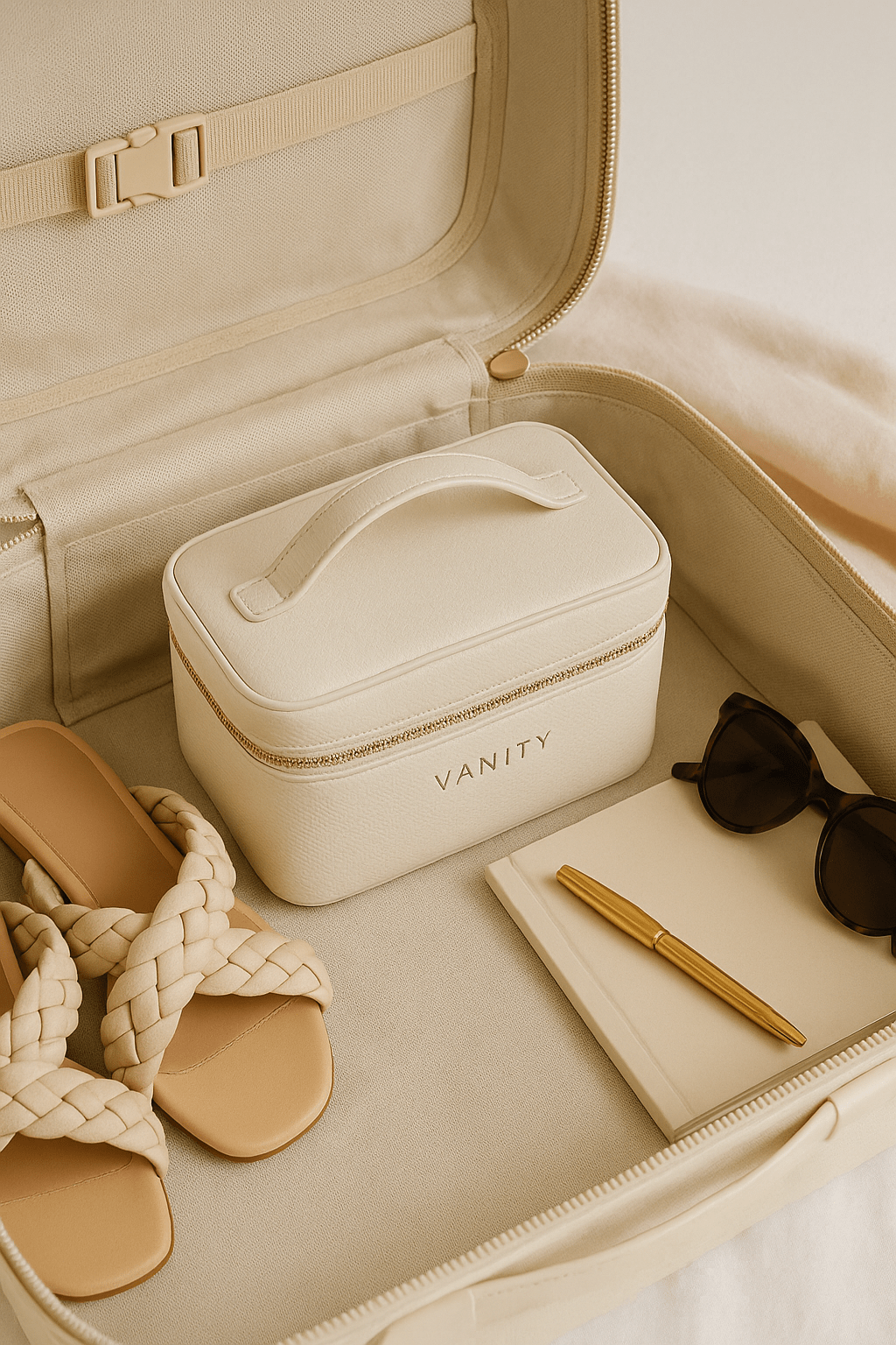 Vanity case rigide blanc femme dans une valise