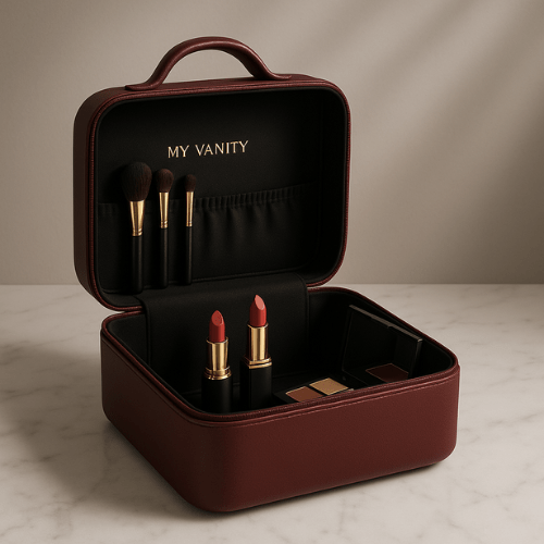 Vanity case pour ranger son maquillage avec compartiments, ouverte sur une table
