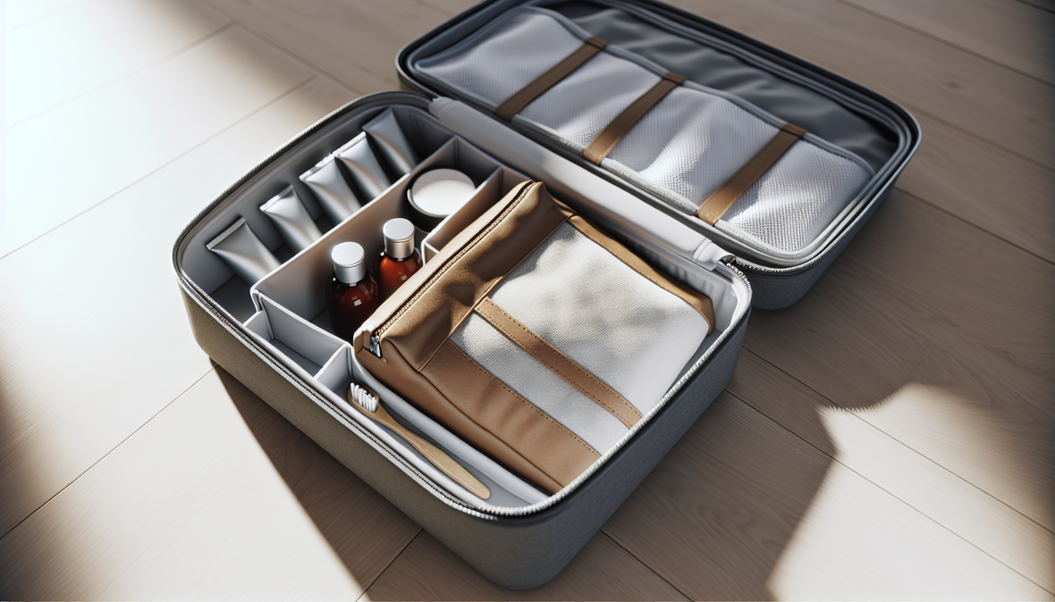 trousse de toilette organisée dans une valise ouverte